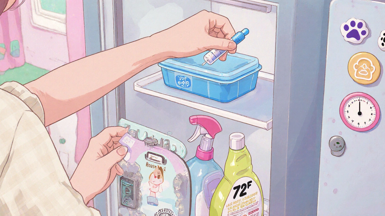 A mother placing insulin in a sealed bin on the fridge middle shelf, while cleaning supplies are stored in a cute locked cabinet below.