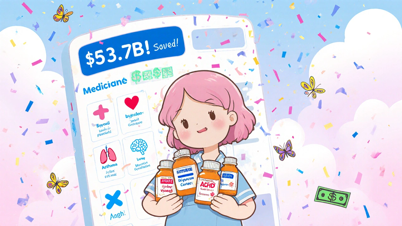 A patient stands with generic medicine bottles and a giant savings counter, surrounded by confetti and cartoon pills.