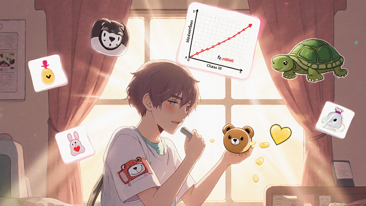 A patient takes a pill as a perfect dissolution graph floats above, with happy icons of speed and savings.