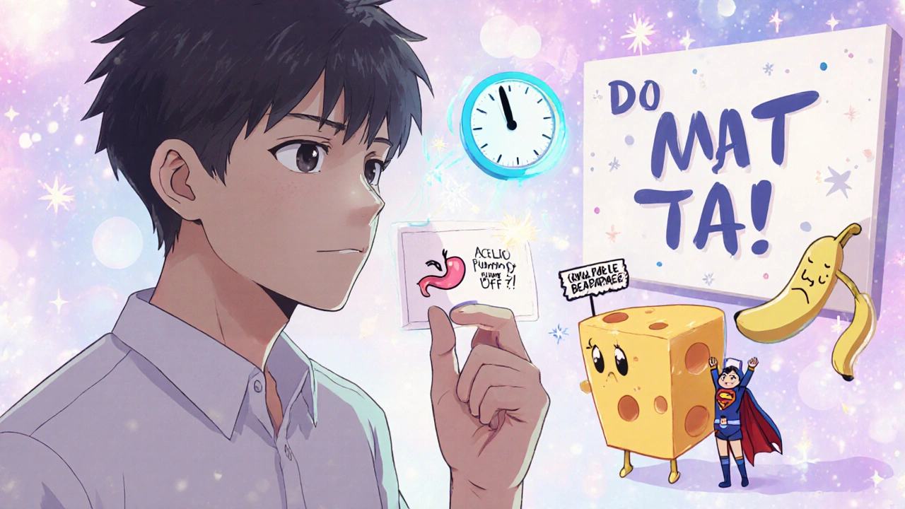 A patient taking omeprazole before eating, with a glowing clock and angry stomach cartoon.