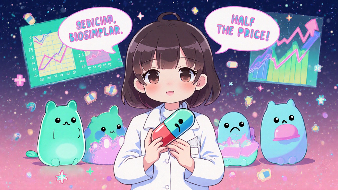 A pharmacist holding a cute biosimilar pill as sad brand-name drugs are replaced happily.