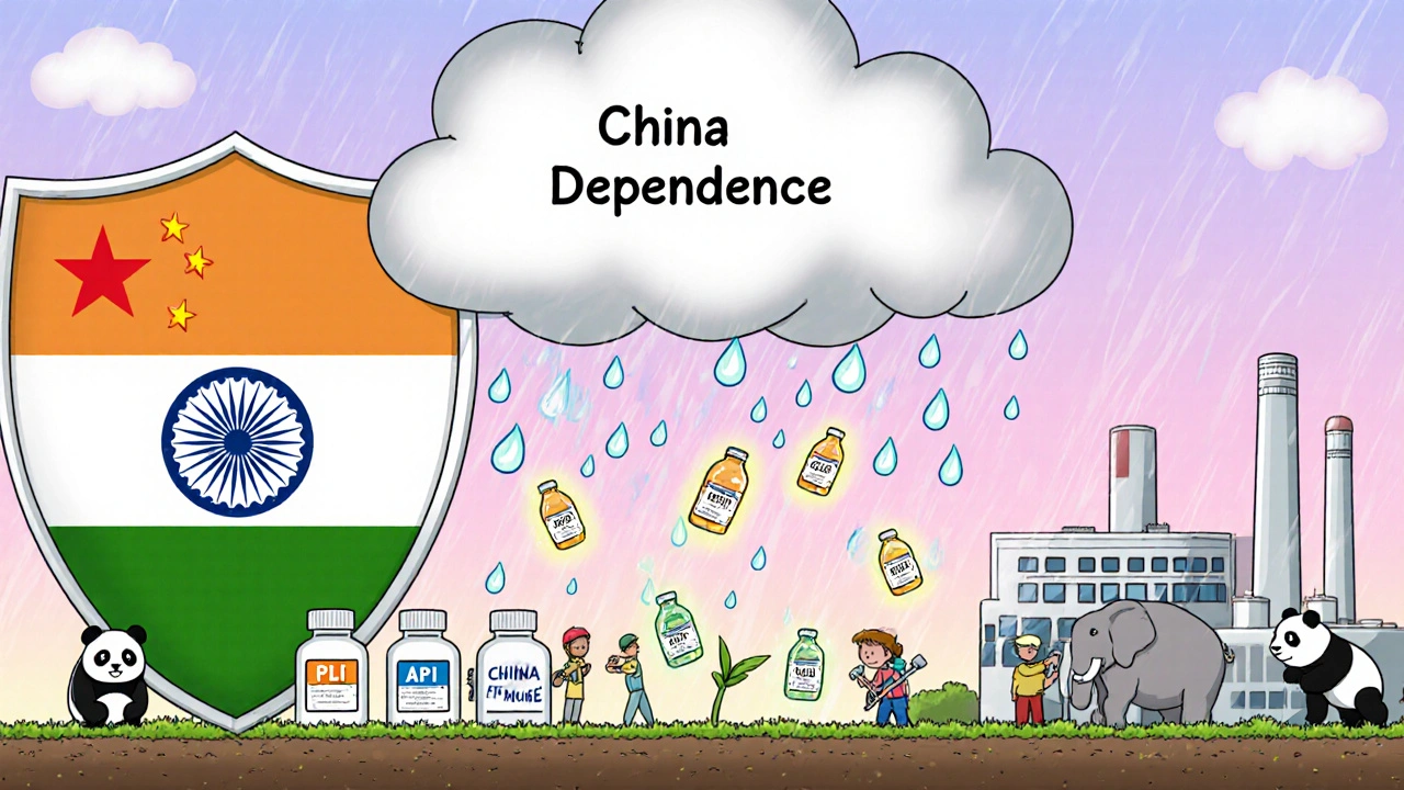A protective shield made of an Indian flag blocks API rain from China, while workers plant glowing factories labeled PLI 2030 in a whimsical anime scene.