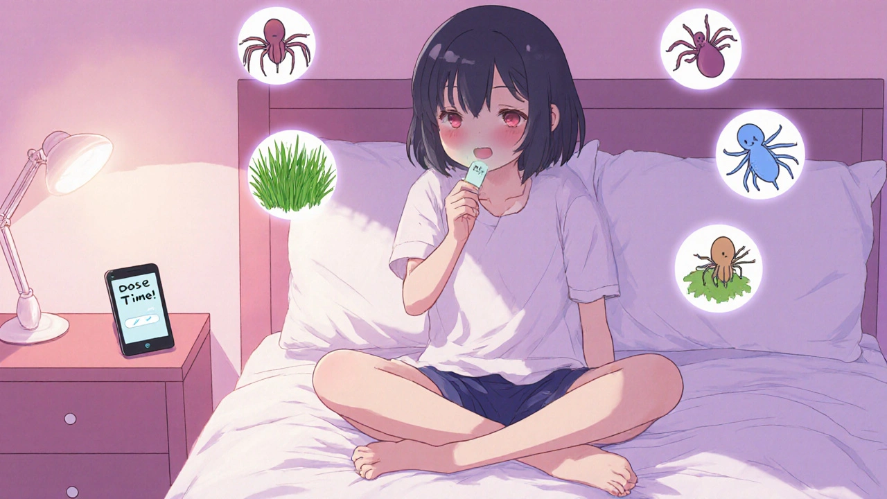 A teen placing a glowing tablet under their tongue with allergen icons bowing peacefully.