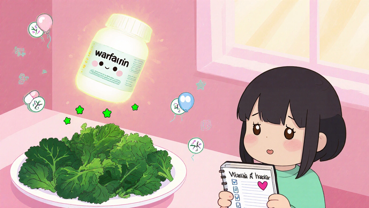 A warfarin pill above spinach and kale, with vitamin K stars and a tracking notebook.