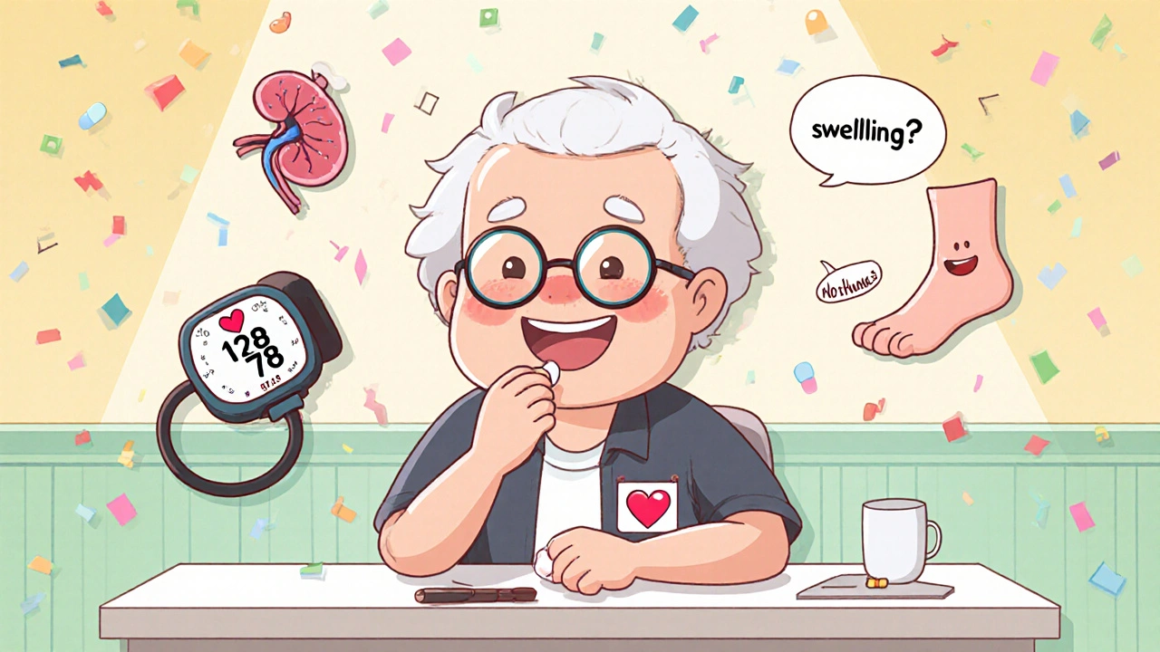 An elderly man smiling while taking his daily heart medication with health icons around him