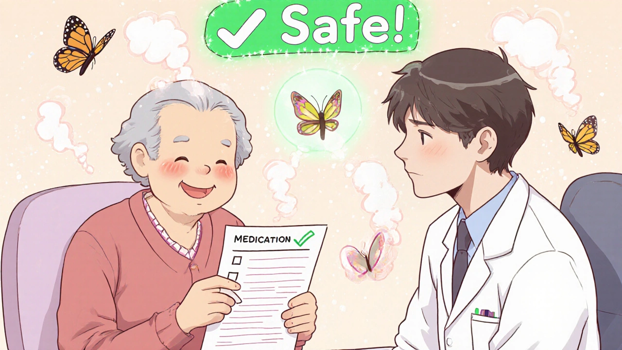 An elderly person and doctor reviewing meds, with dangerous drugs turning into butterflies.