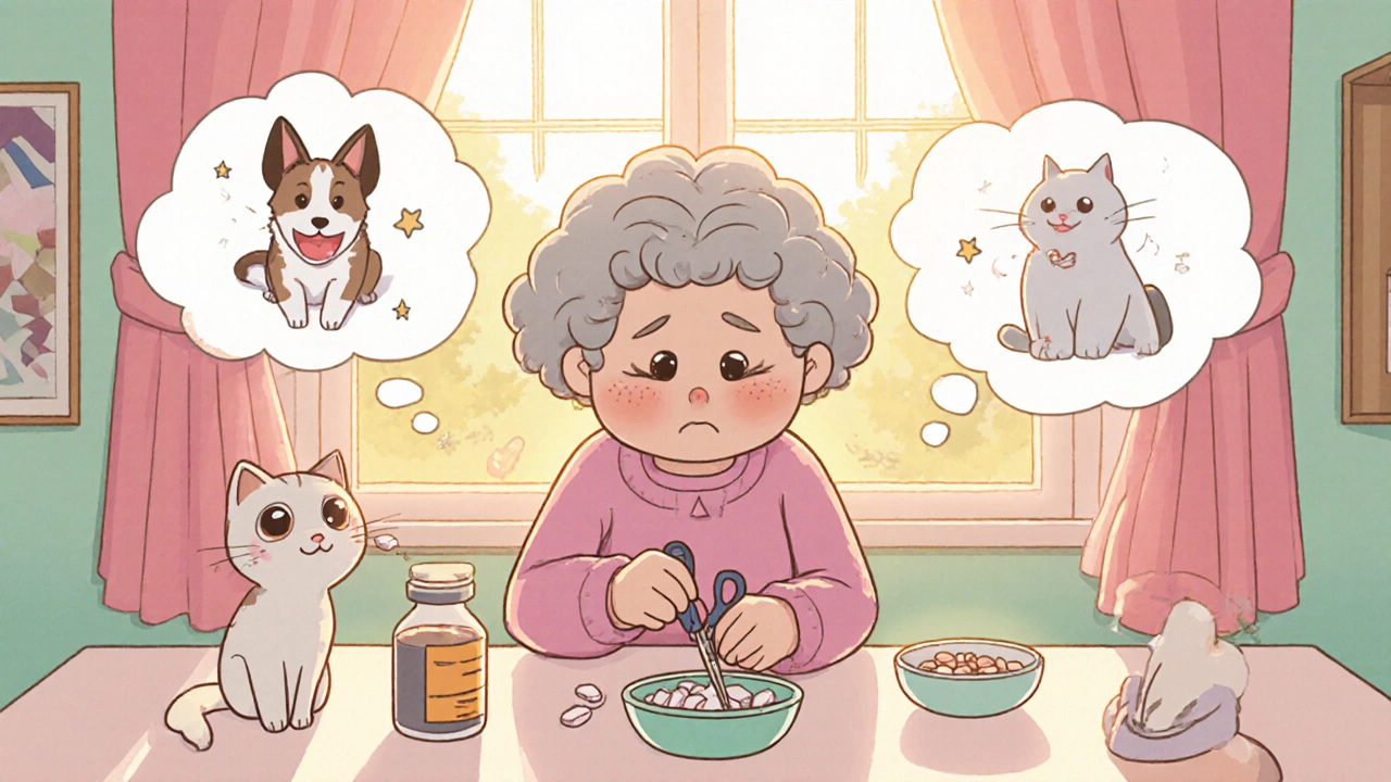 An elderly woman cuts a pill in half while her cat gets insulin, empty bottle beside her.