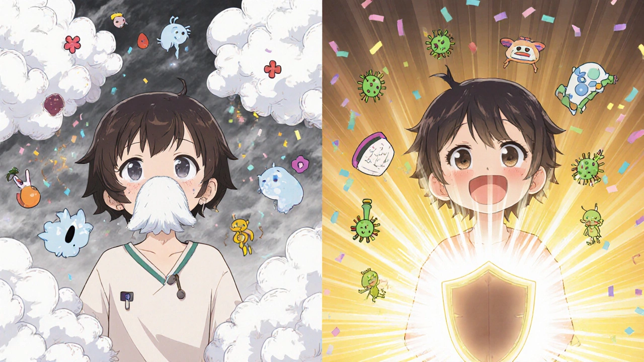 Before and after: chaotic allergy symptoms vs. a calm, shielded person with glowing immune strength.