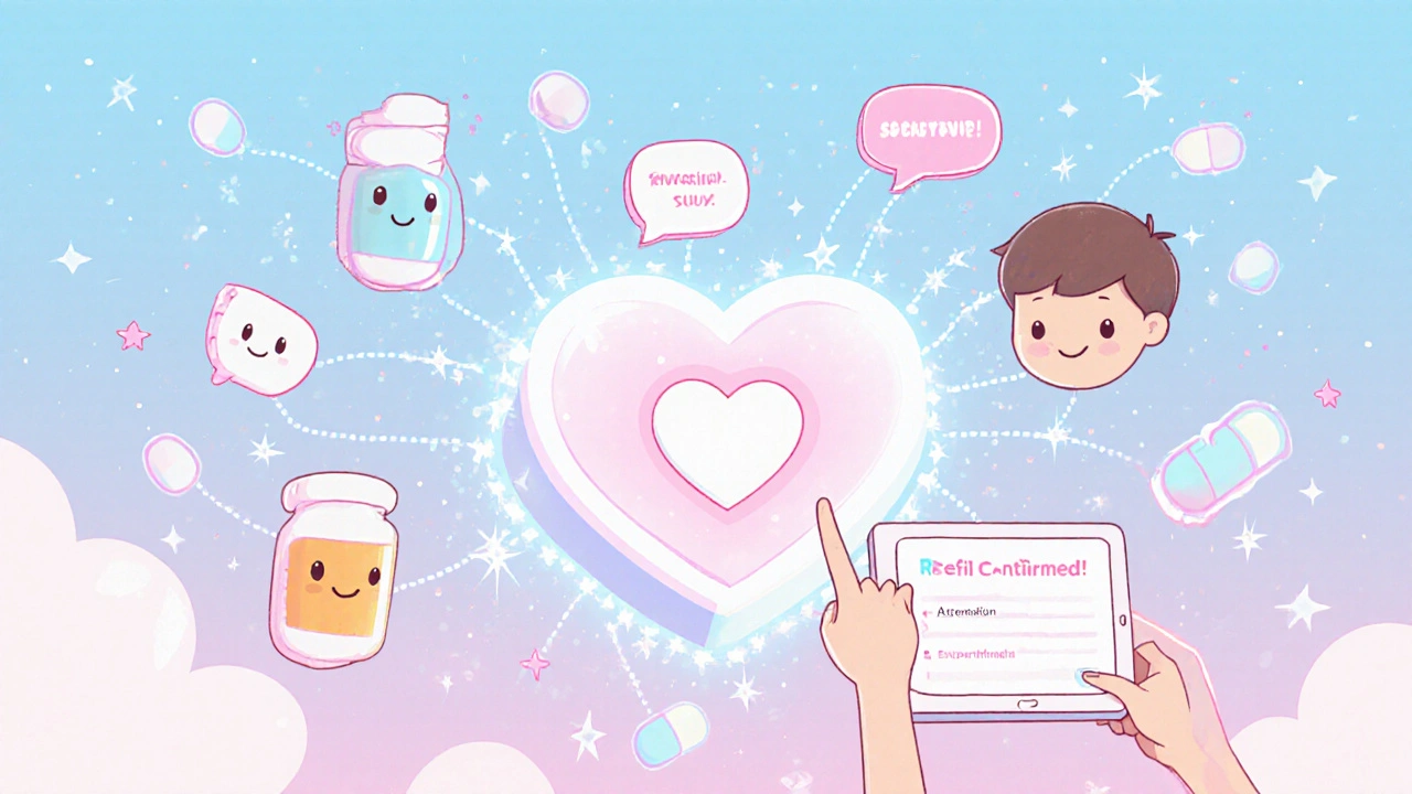 Cute animated generic medicine pills with faces connected to a heart-shaped automation hub in a glowing app interface.