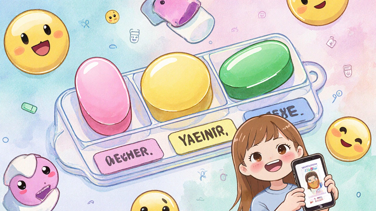 Cute pill organizer with labeled compartments holding colorful generic tablets and a phone showing a reference photo.