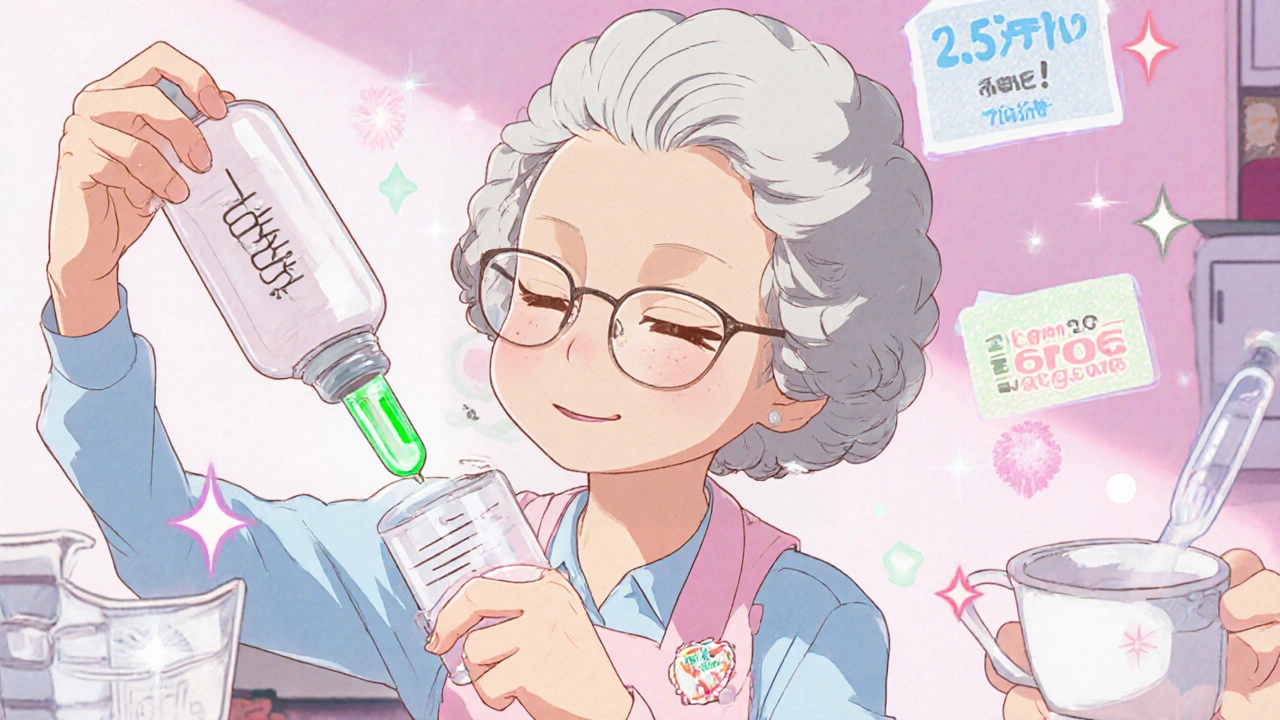 Elderly woman using a dropper with a green indicator to measure medicine accurately in a cozy kitchen.