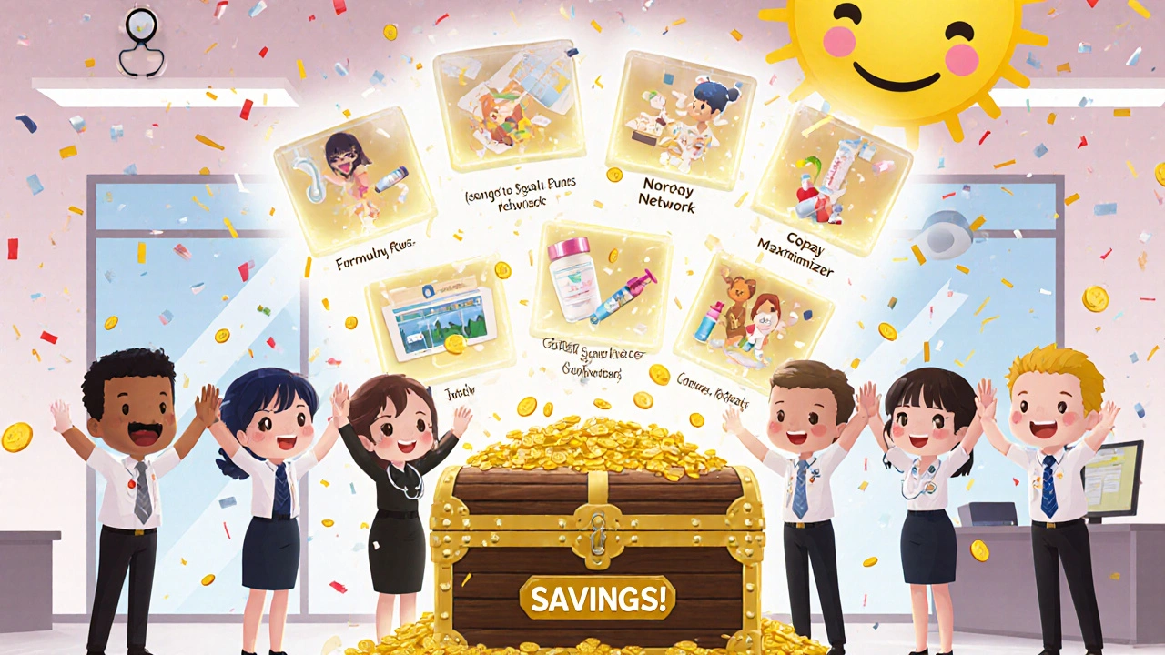 Employees celebrating savings from six cost-reduction strategies with a treasure chest of pill-shaped coins.