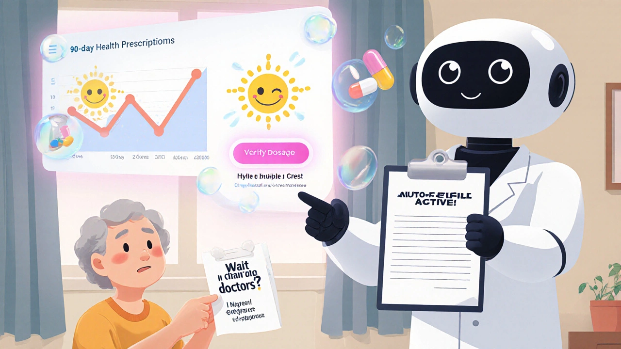 Friendly pharmacy robot delivering meds to a senior, with a floating health dashboard showing rising adherence graphs.