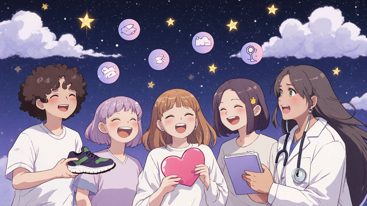 Friends smiling under stars with icons of healthy habits and medical care, in kawaii anime style.