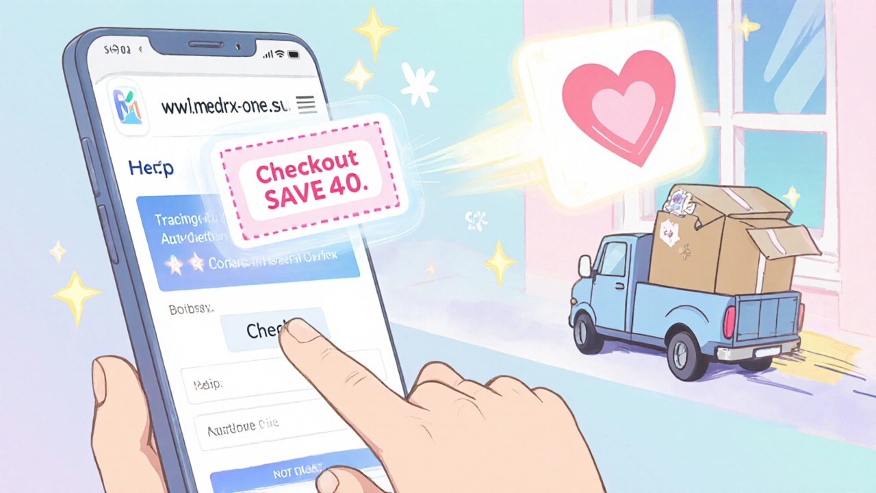 Hand tapping checkout on a clean new pharmacy website with a delivery truck and SAVE40 coupon floating nearby.