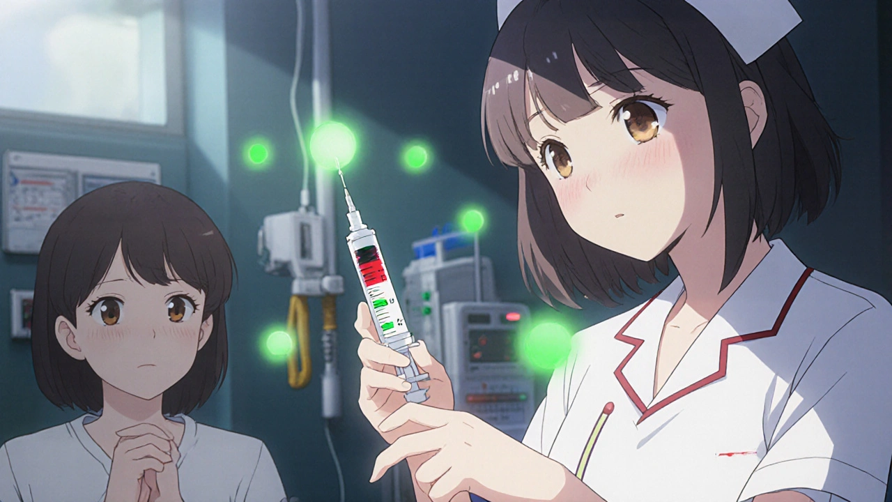 Nurse administering medicine with a color-coded syringe during an emergency simulation.