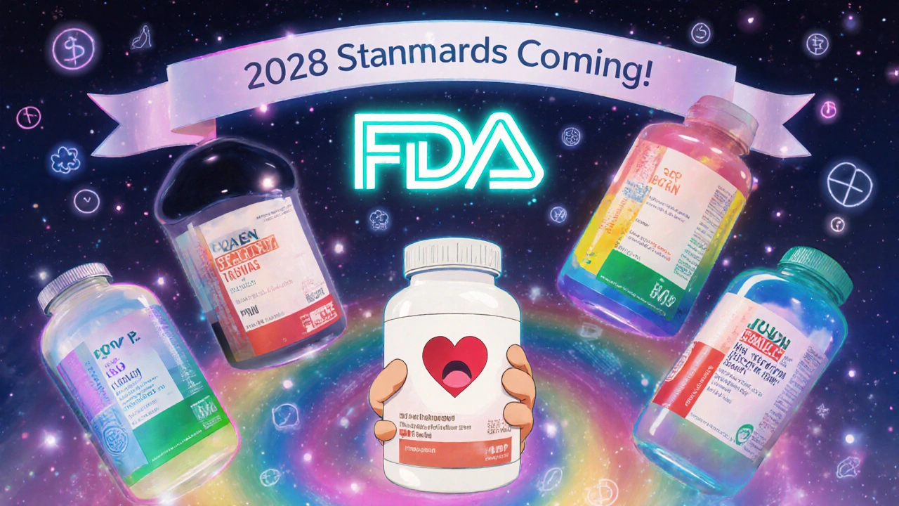 Patient surrounded by five wildly different generic pills floating in a rainbow swirl, with a glowing FDA heart logo above.