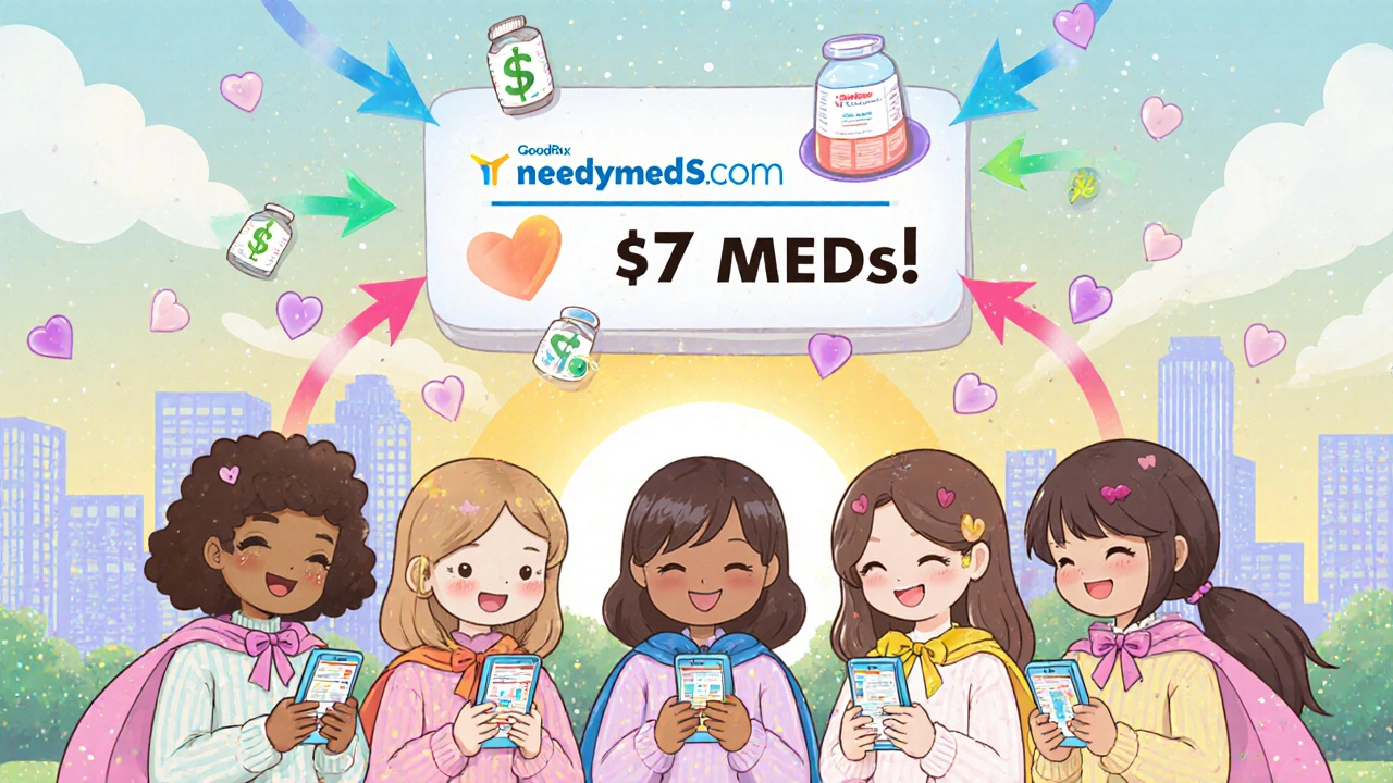 People smile as they use apps to find cheap meds, with dollar signs turning into hearts.