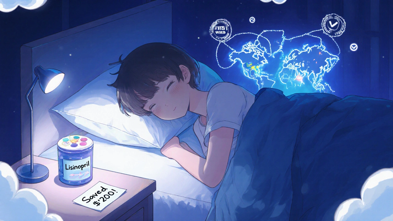 Person sleeping peacefully beside pill organizer and note saying &#039;Saved 0!&#039; with global shipping map glow.