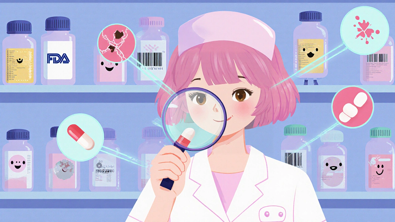 Pharmacist examining a pill with magnifying glass, revealing real vs. fake details in kawaii style.