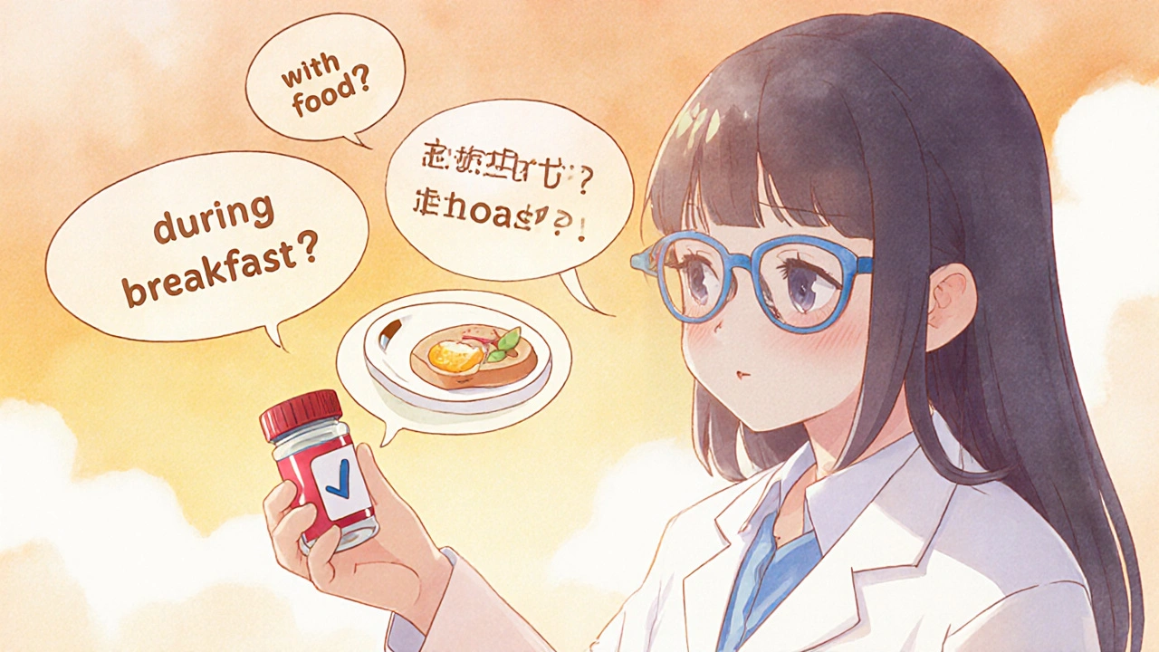 Pharmacist explaining medication instructions with floating confused phrases dissolving into a clear checkmark icon.