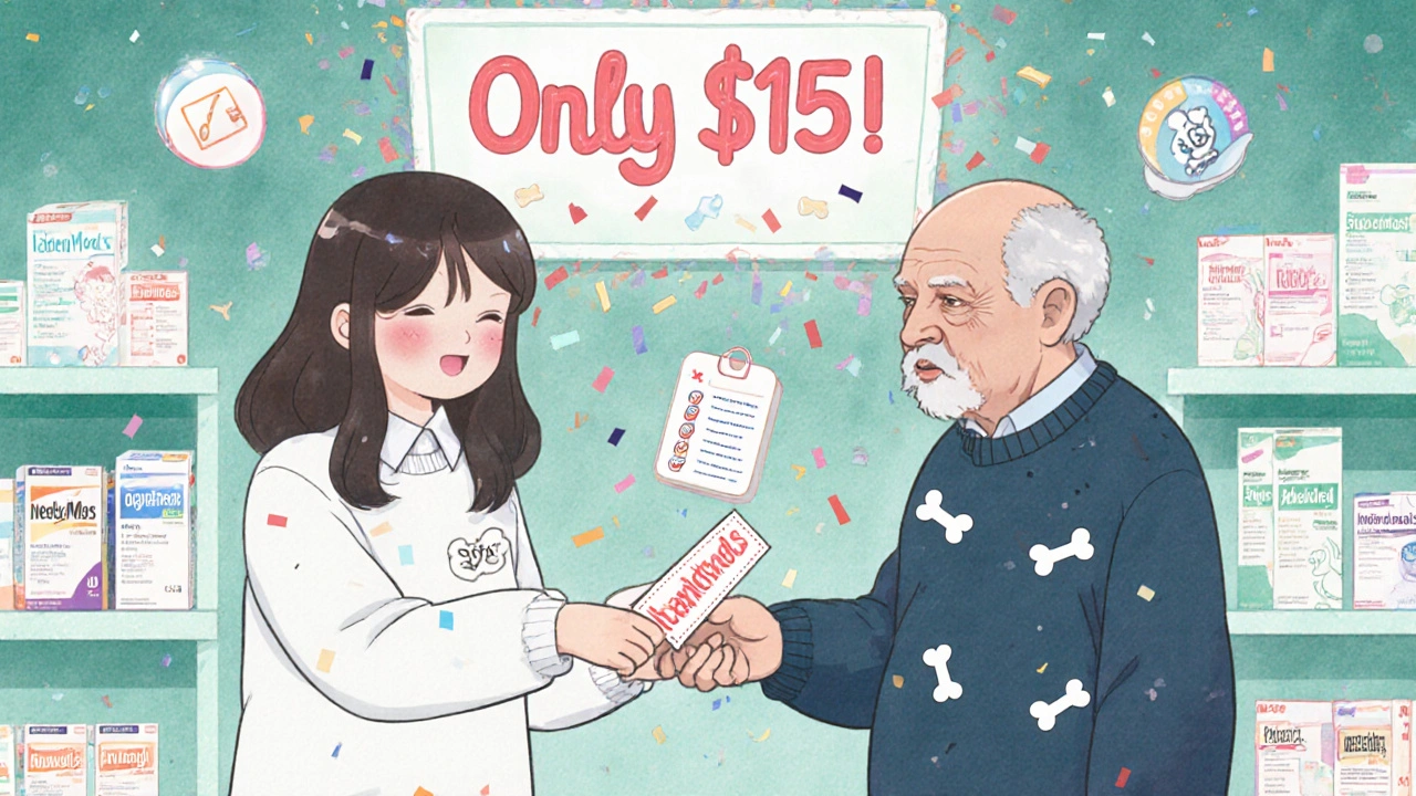 Pharmacist giving discount coupon to senior customer in cozy pharmacy with neon price sign