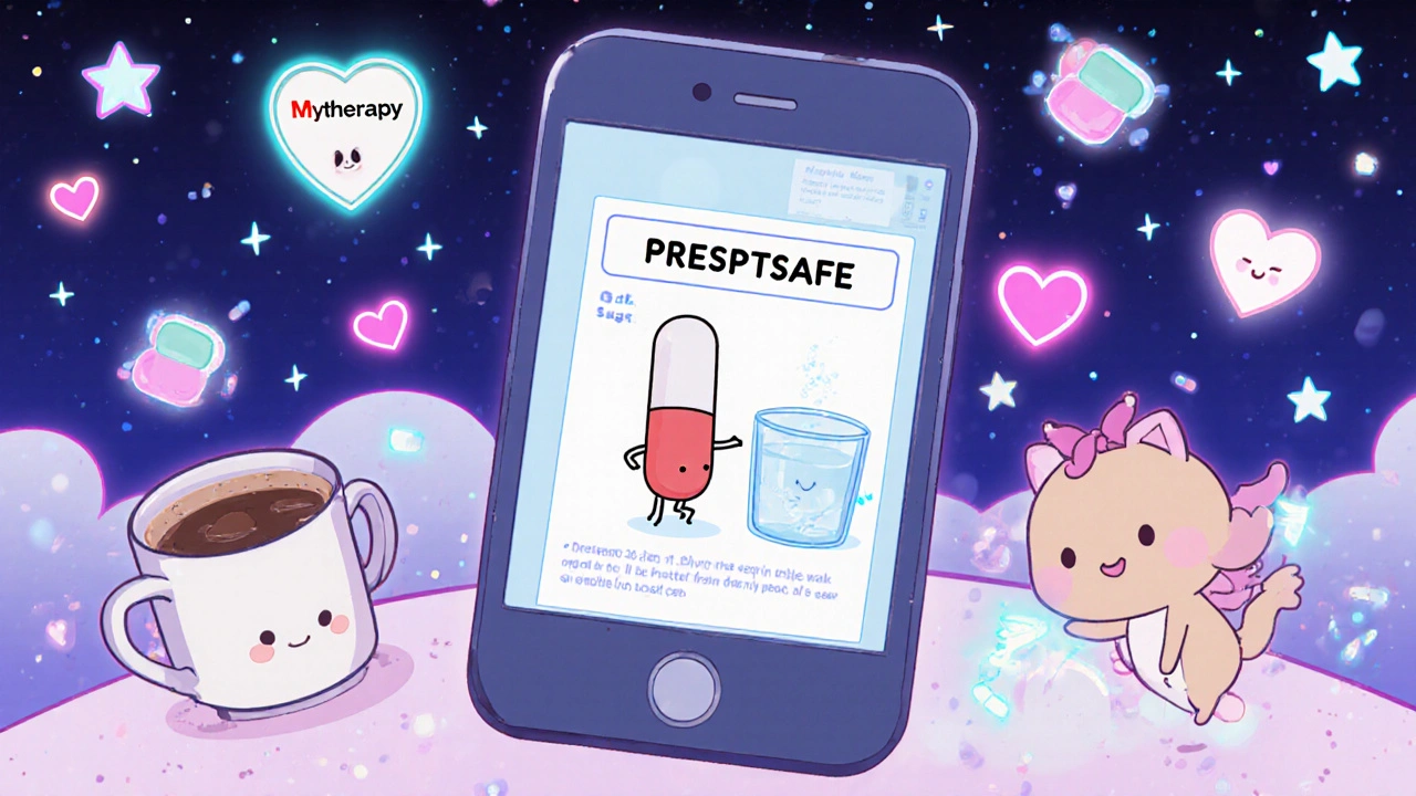 Smartphone scanning a pill label, turning it into a cute animated video of a pill avoiding coffee with app icons nearby.