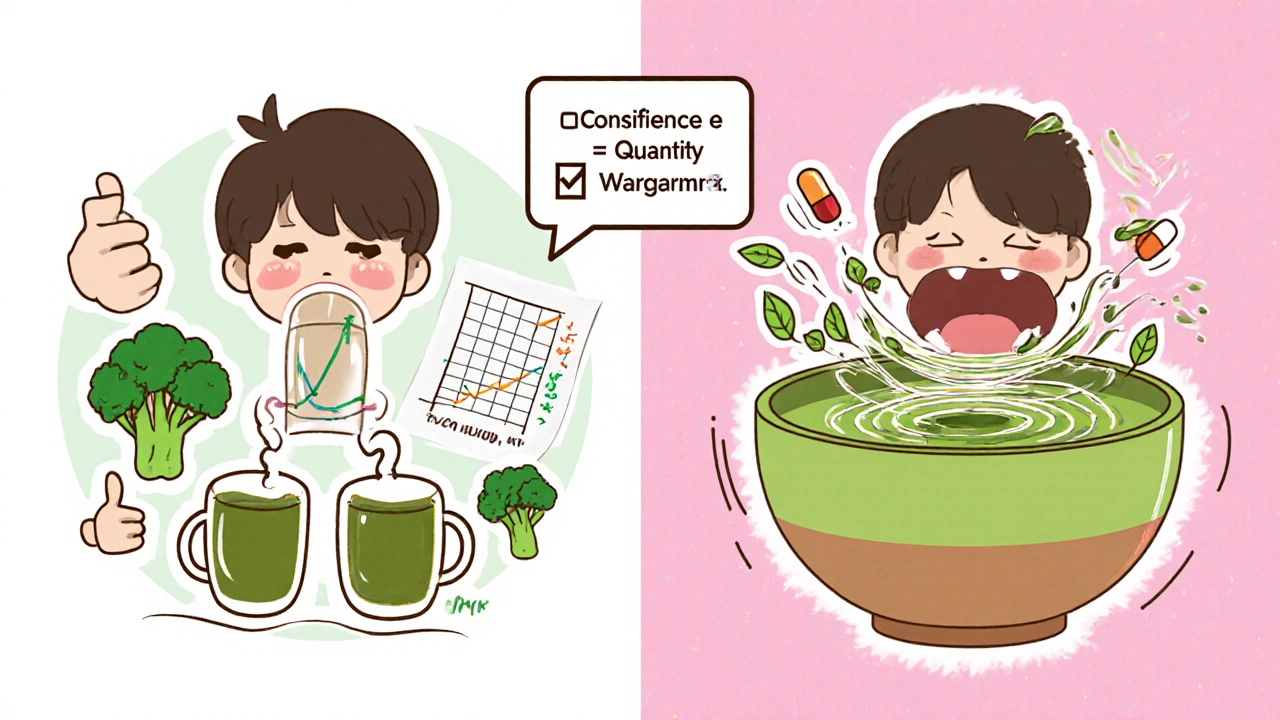 Split scene: calm tea drinker with stable INR vs. chaotic matcha drinker with crashing INR in kawaii anime style.