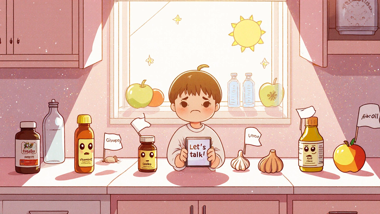 Supplement bottles with faces waving white flags on a kitchen counter next to a phone message.