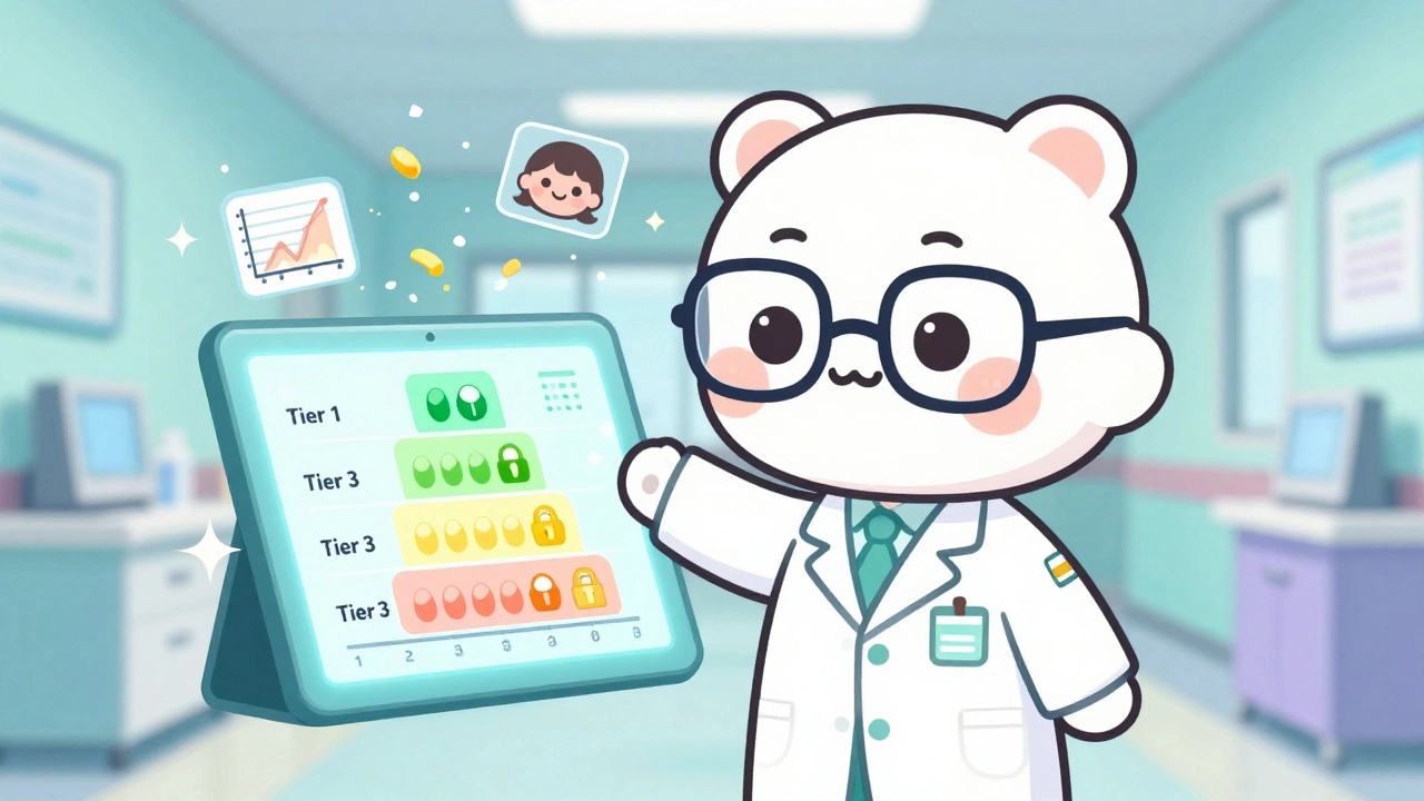 A cute pharmacist with oversized glasses reviews a glowing tiered formulary chart with animated patient avatars and floating data sparkles.
