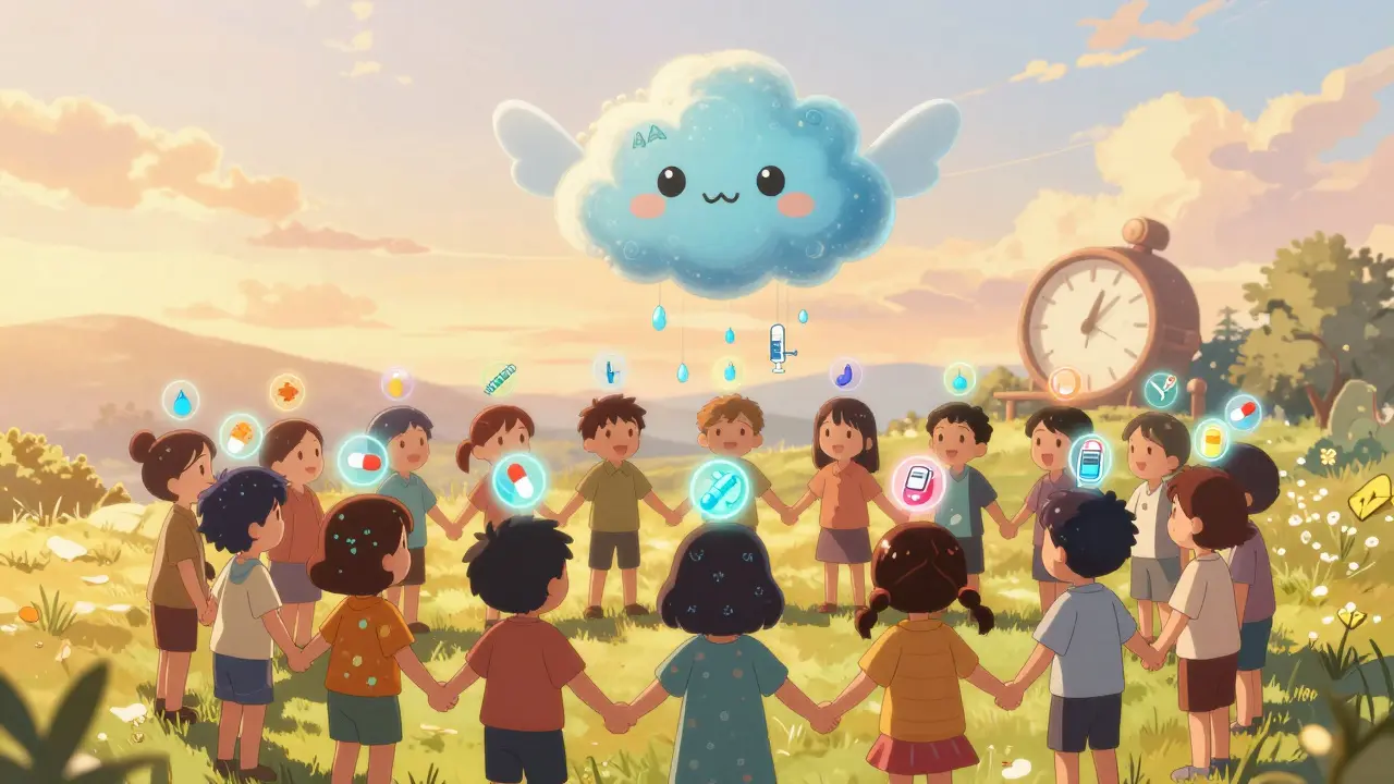 A diverse group holding hands under a gentle virus cloud, with a 15-year countdown clock and medication icons floating above them.