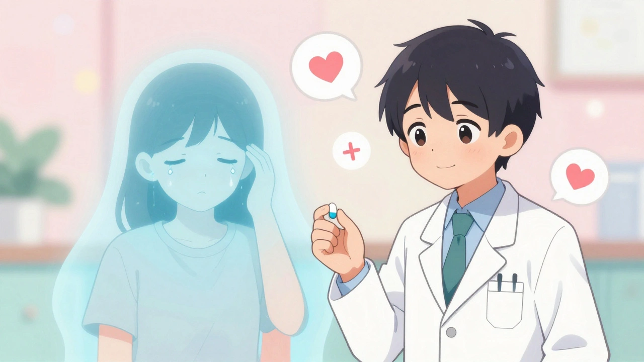 A doctor calmly gives a pill while a ghostly version of the patient shows stress.