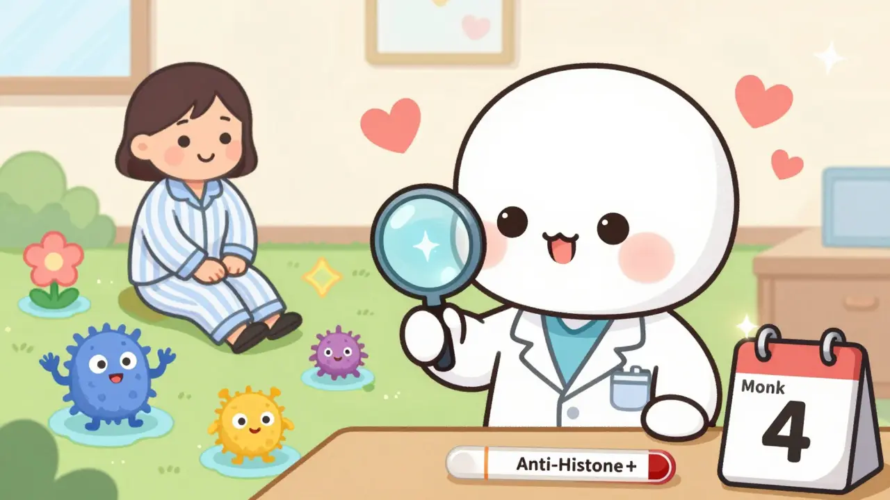 A doctor examining a glowing blood test with happy cells and shrinking fatigue monsters in soft anime style.