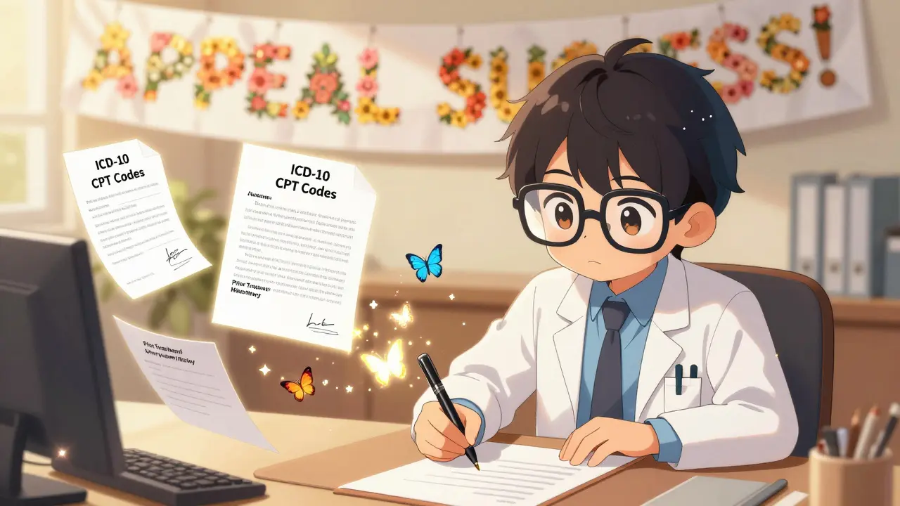 A doctor writes an appeal letter with floating medical codes and transforming failed meds as butterflies.
