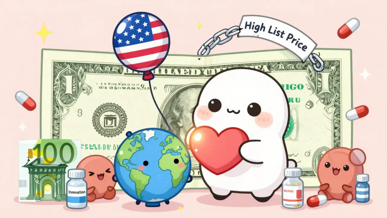 A giant US dollar donating a heart to a globe, representing American funding of global drug innovation.