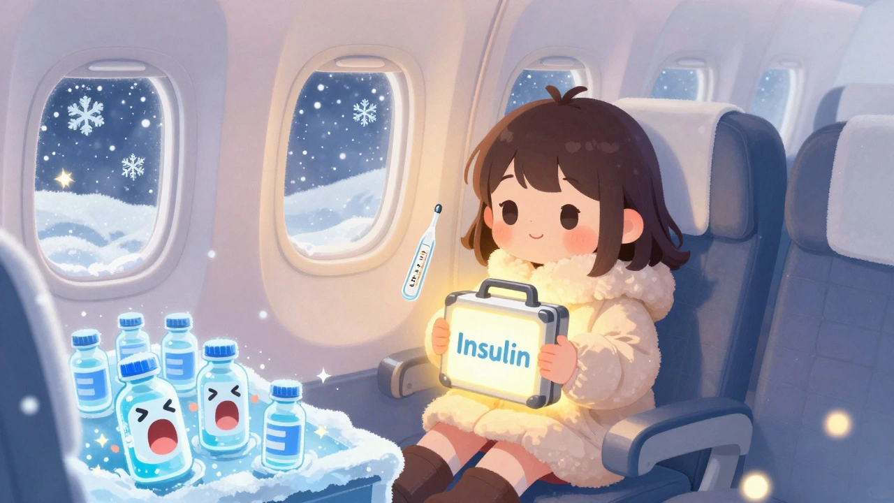 A girl hugging her insulin case close to her body on a plane, keeping it warm as snow falls outside.