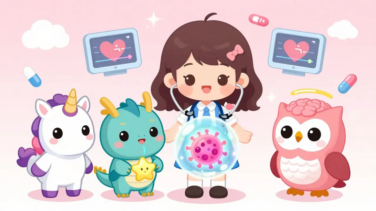 A girl with a stethoscope stands with three cute drug mascots guiding a tumor into a healing bubble, surrounded by floating medical icons.
