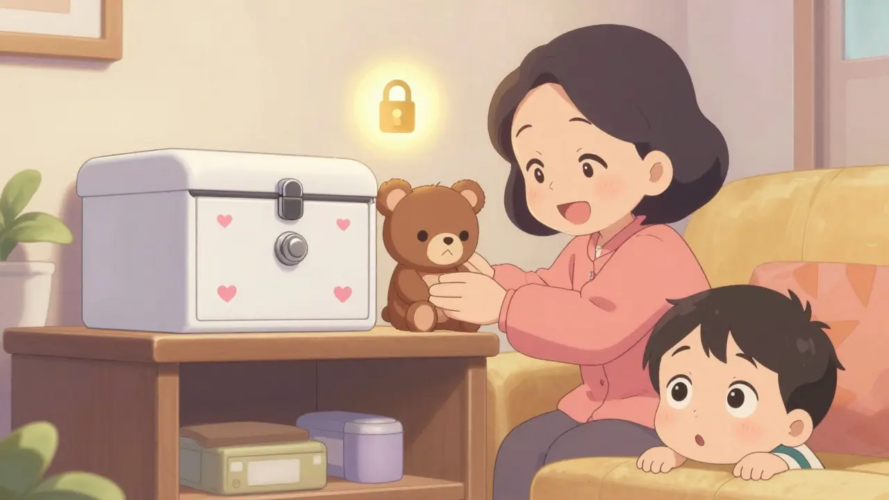 A locked medication box on a high shelf with a curious child peeking from behind a couch.