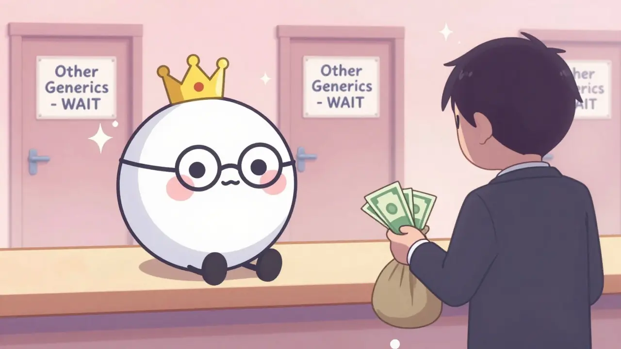 A lonely generic pill surrounded by blocked doors while a brand-name drug accepts money, illustrating market exclusivity abuse.