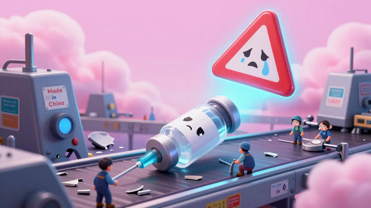 A lonely injection vial on a broken factory belt with faded country stickers in kawaii style.