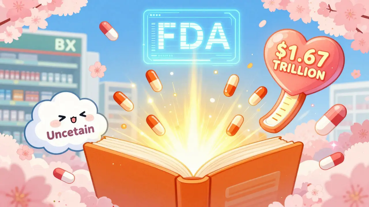 A magical Orange Book releasing dancing drug sprites, with AB pills joyful and BX pills hiding, in kawaii anime style.