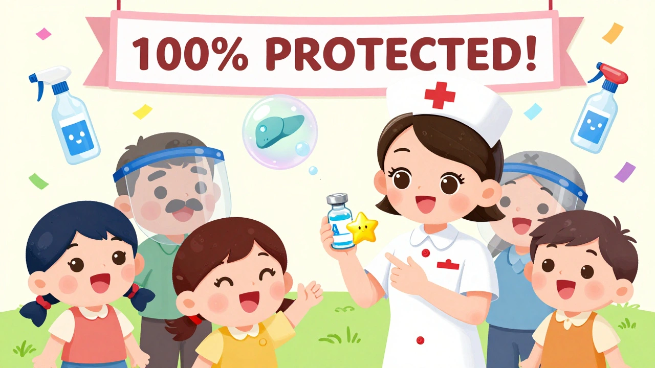 A nurse giving a star-shaped vaccine to children with protective soap bubbles nearby.