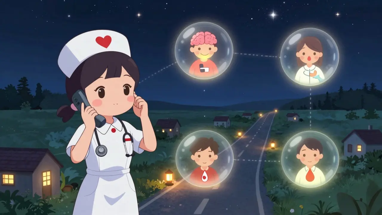 A nurse on phone calls with rural patients at night, each represented by glowing orbs, under a starry sky.