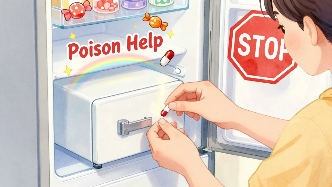 A parent placing medicine in a locked fridge box with a glowing Poison Help number.