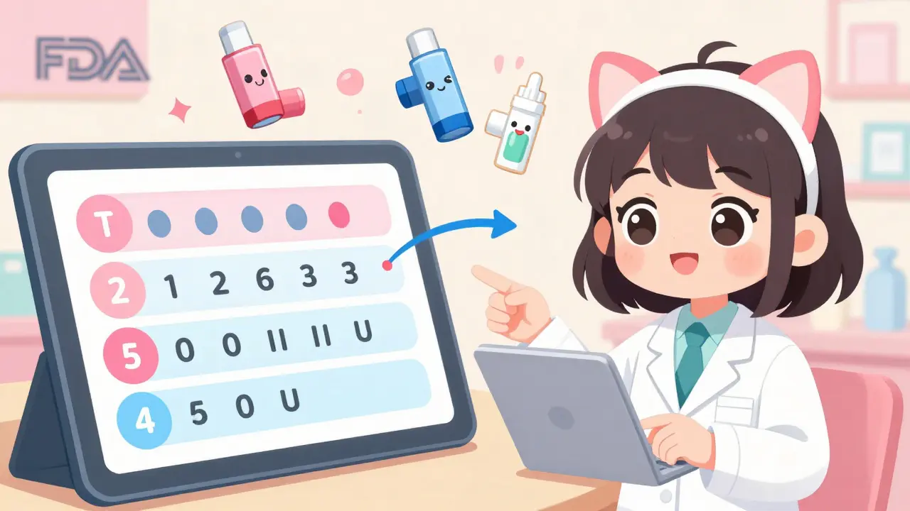 A patient and pharmacist examining a colorful TE code chart with animated drug absorption arrows in soft pastel tones.