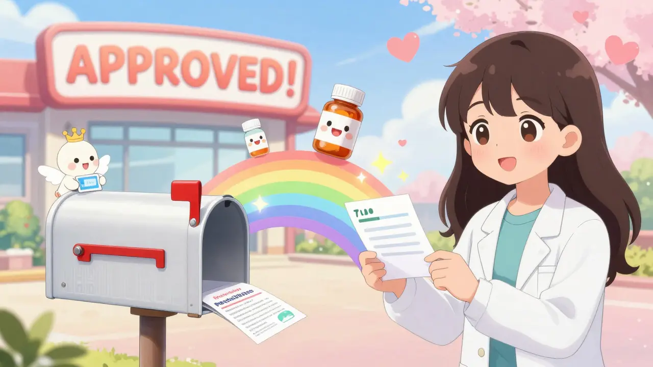 A patient opens a mailbox to find an approval letter turning into a rainbow bridge to a pharmacy.