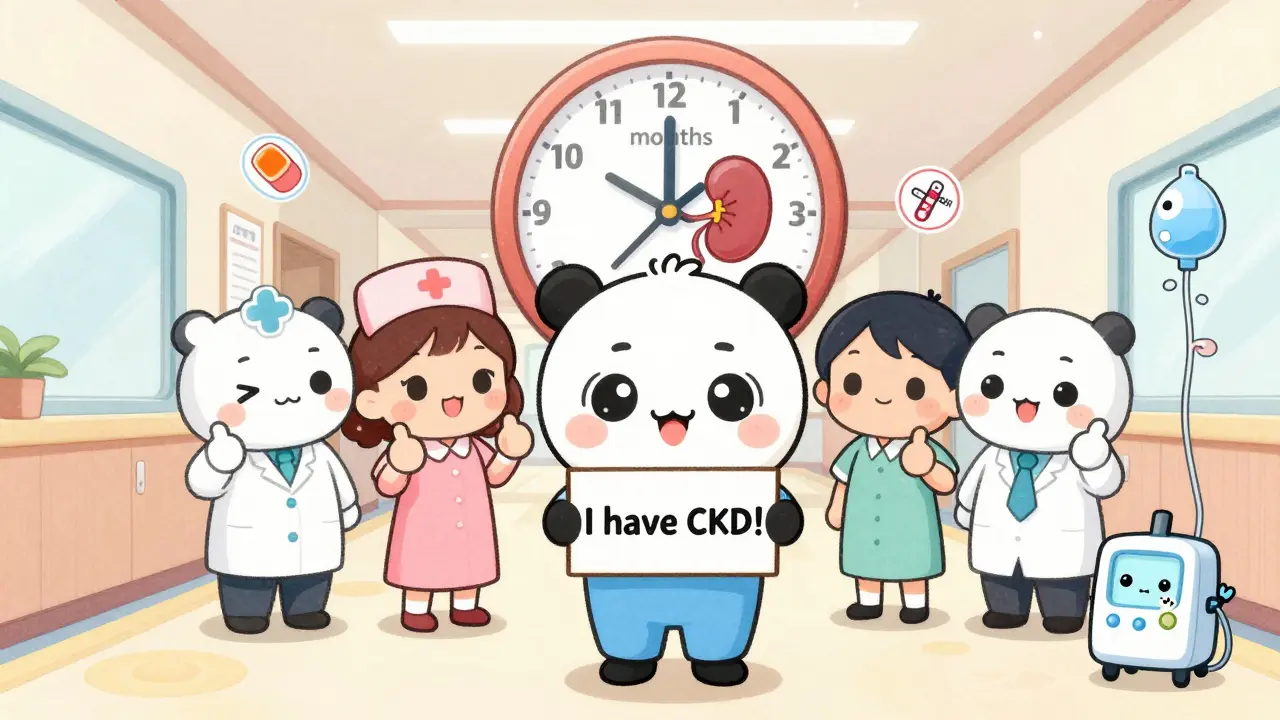 A patient proudly announces CKD to a team of cheerful medical anime characters in a hospital hallway.