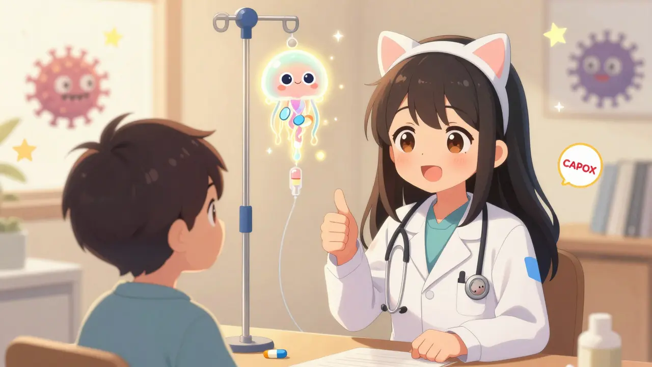 A patient receiving gentle chemotherapy from a jellyfish IV, with cancer monsters dissolving into stars.