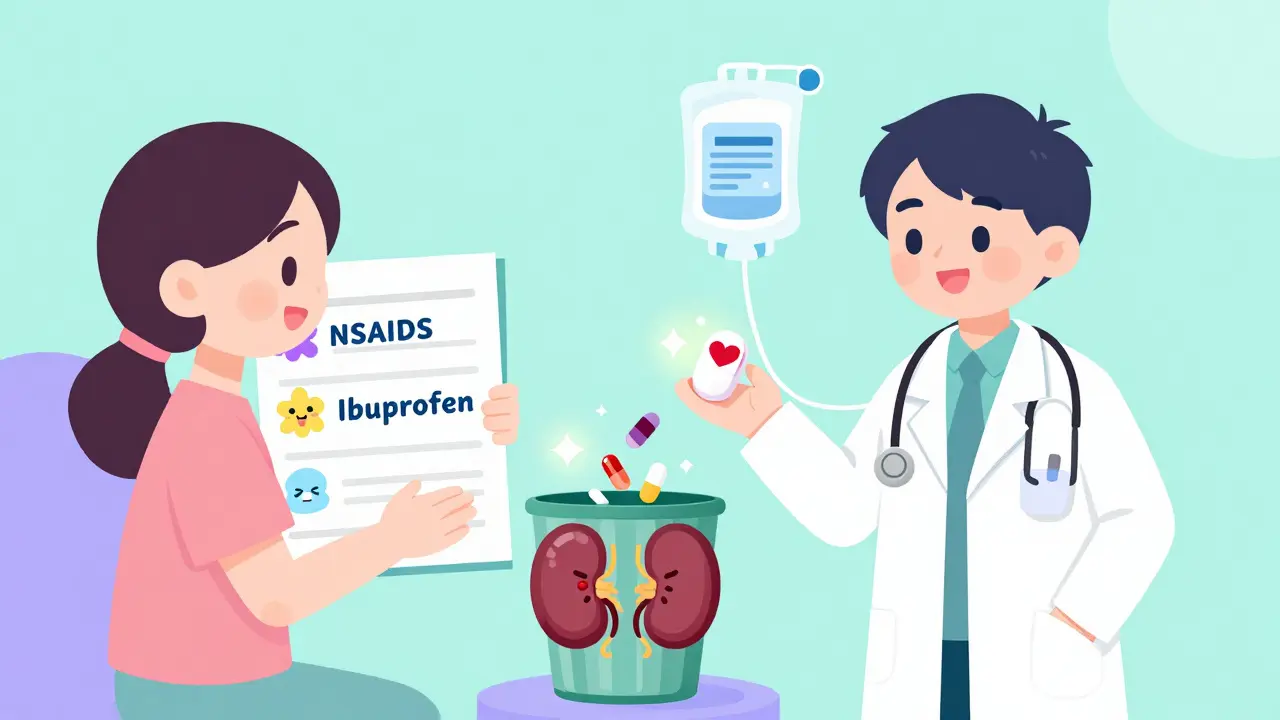 A person tosses dangerous NSAID pills into a kidney-shaped trash can while receiving a safe painkiller alternative.