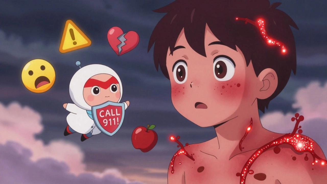 A person with a glowing rash as a superhero flies in with a warning shield, in kawaii anime style.